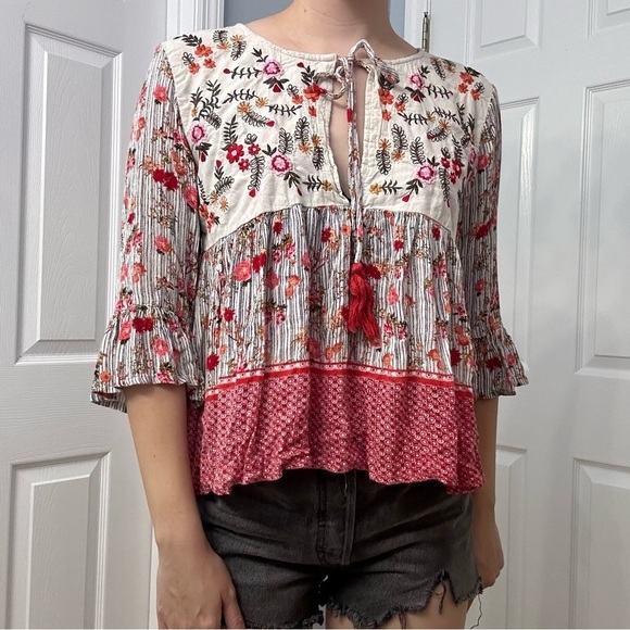 Raga Anthropologie Blouse Floral Boho Tassels Flowy Hippie Oversized Size Medium - Picture 1 of 8